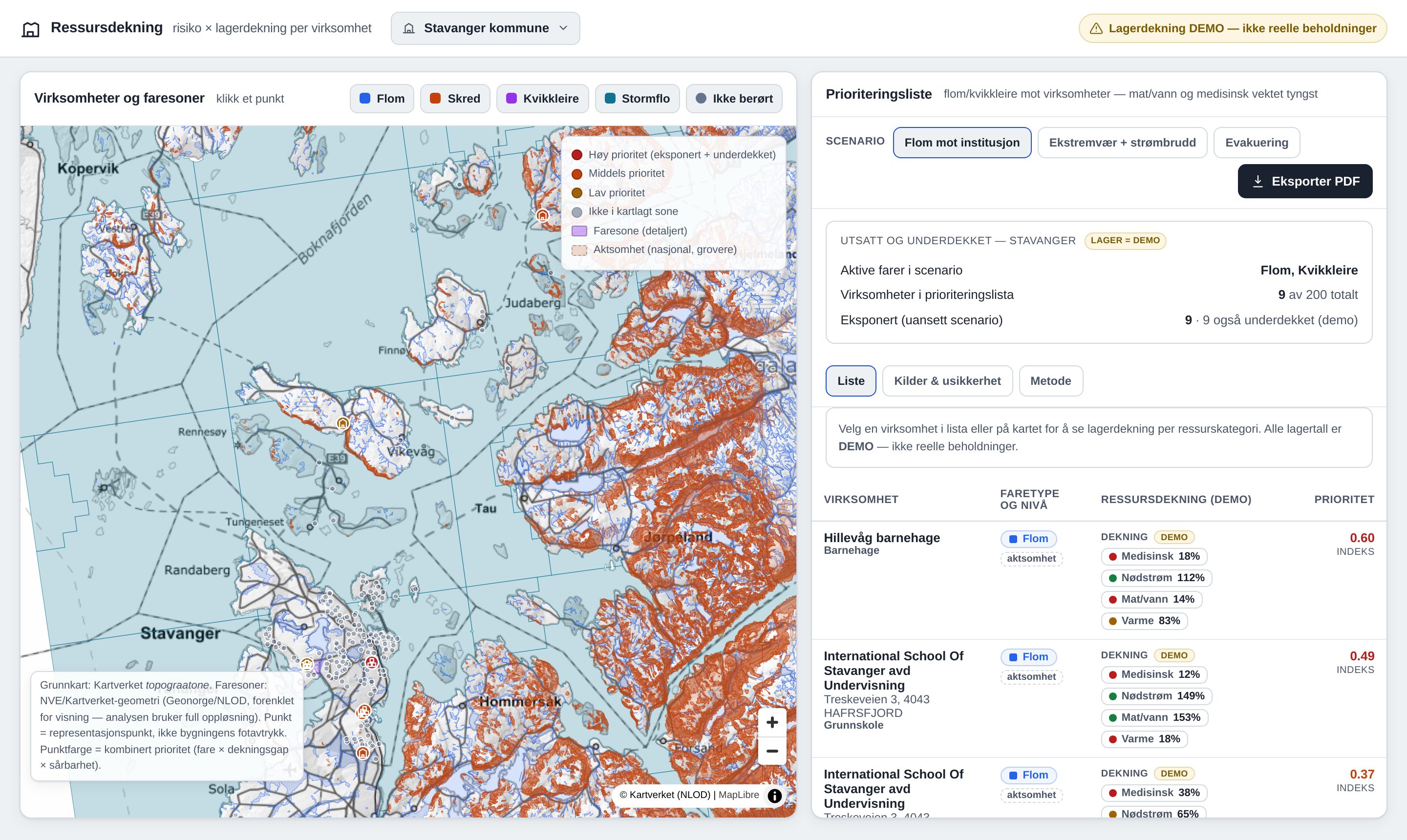 CityPulse-dashbord: kommunekart med faresoner for flom, skred, kvikkleire og stormflo, ved siden av en prioriteringsliste som viser ressursdekning per virksomhet og scenario